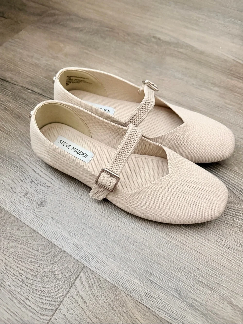 Steve Madden Beige Knit Mary Jane Flats with Buckle Strap